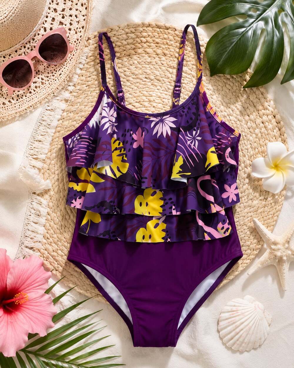 Girls Purple Tropical Ruffle One-Piece Swimsuit Size 7